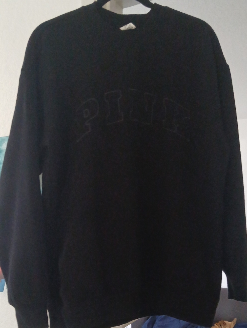 PINK Victoria's Secret Black Men's Crewneck Sweater with Embossed Logo